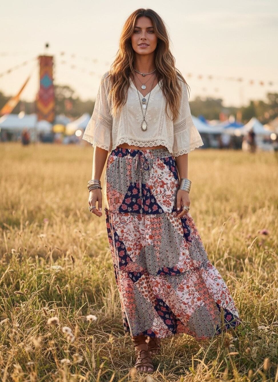 Boho Patchwork Print Tiered Skirt